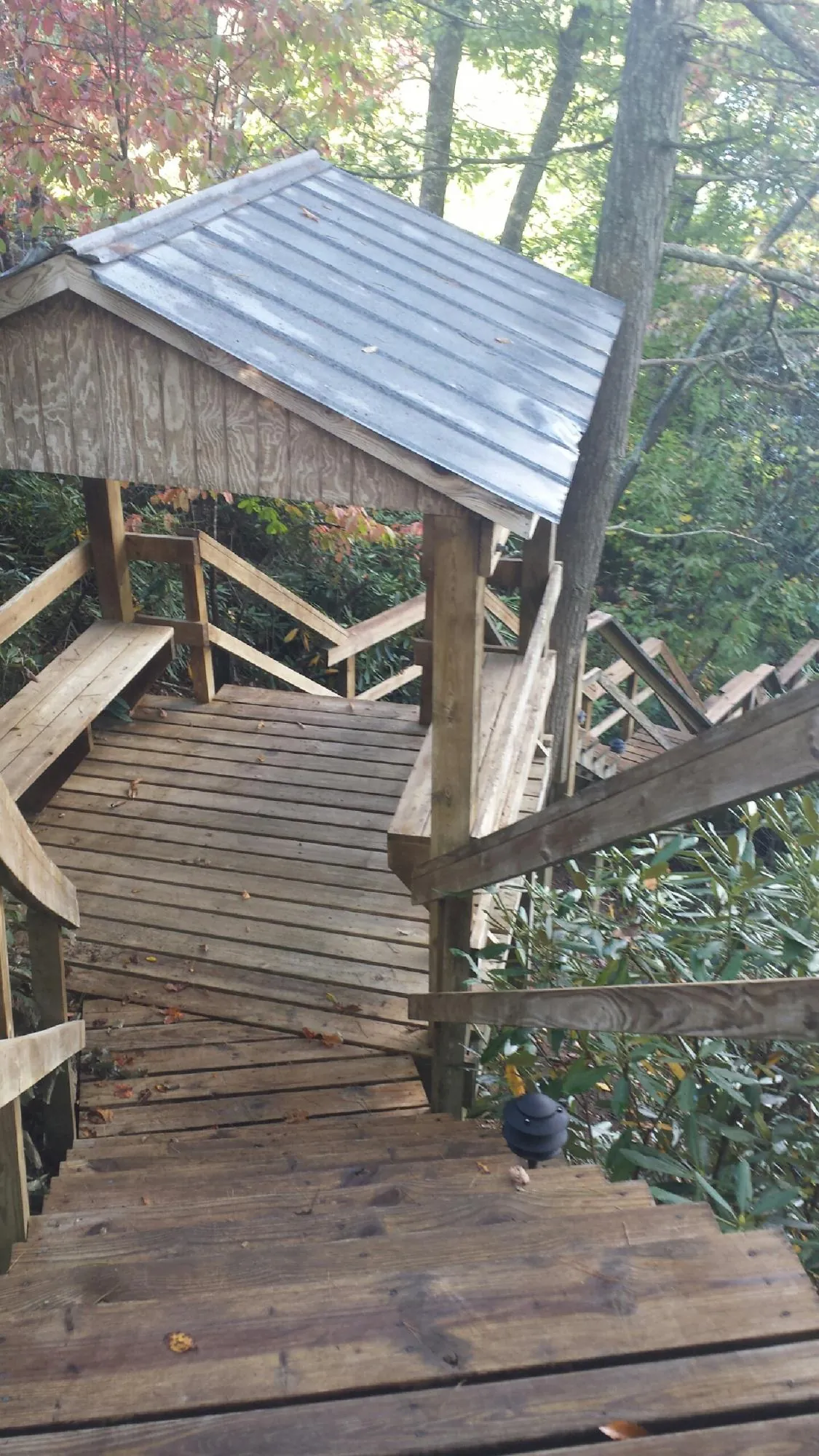 Metal roofed shelter over wooden steps on a wooded walkway — Skylight Repair & Installation work by our crew in Brierfield